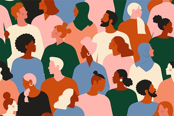 simplistic painting of various people from difference cultural backgrounds